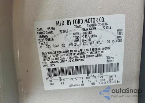 2007 Mercury Mariner Premier z USA, uszkodzony, nr VIN 4M2CU87107KJ02941